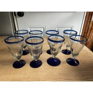 Set of 8 Hand Blown Glass Cobalt Blue Rim & Base Wine/Margarita Glasses, 10 oz